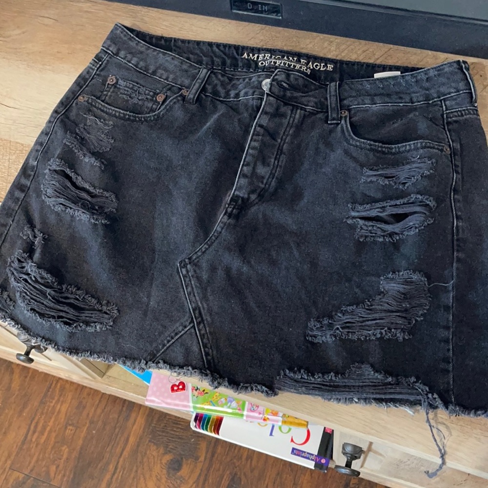 American Eagle Outfitters Black Distressed Denim Mini Skirt